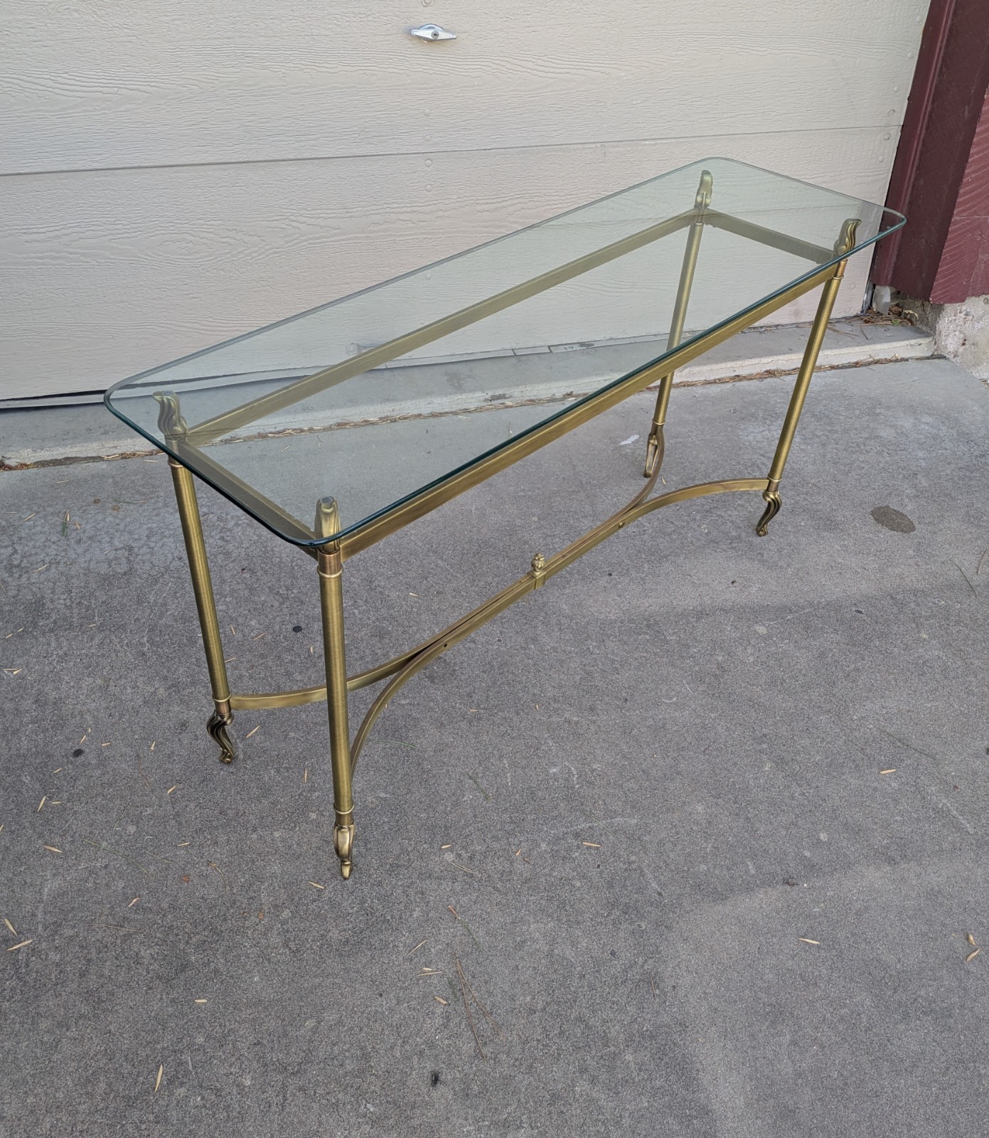Vintage La Barge Style Glass Brass Console Table Flame Tip Hollywood Regency