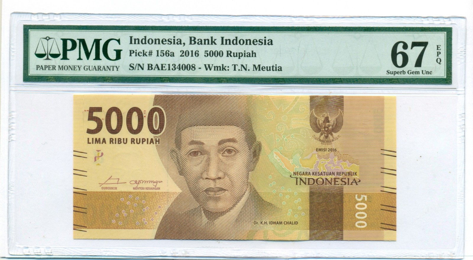 Indonesia 2016 5000 Rupiah Bank Note Superb Gem Unc 67 EPQ PMG (B)