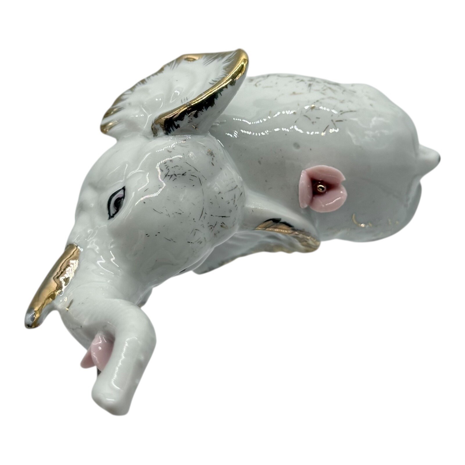 Elephant Figurine White Gold Accent Pink Flowers Trunk Up Good Luck Decor