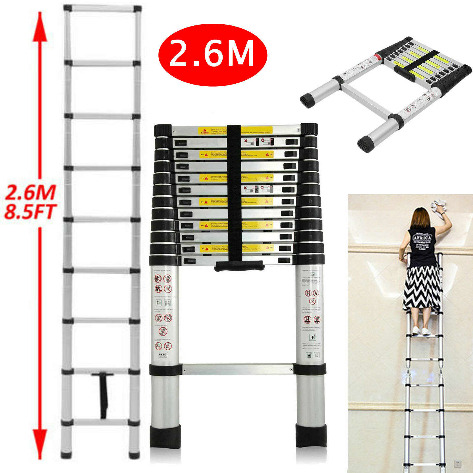 8.5Ft-16.5Ft Telescoping Folding Ladder Aluminum Extension Max Capacity 330 lbs