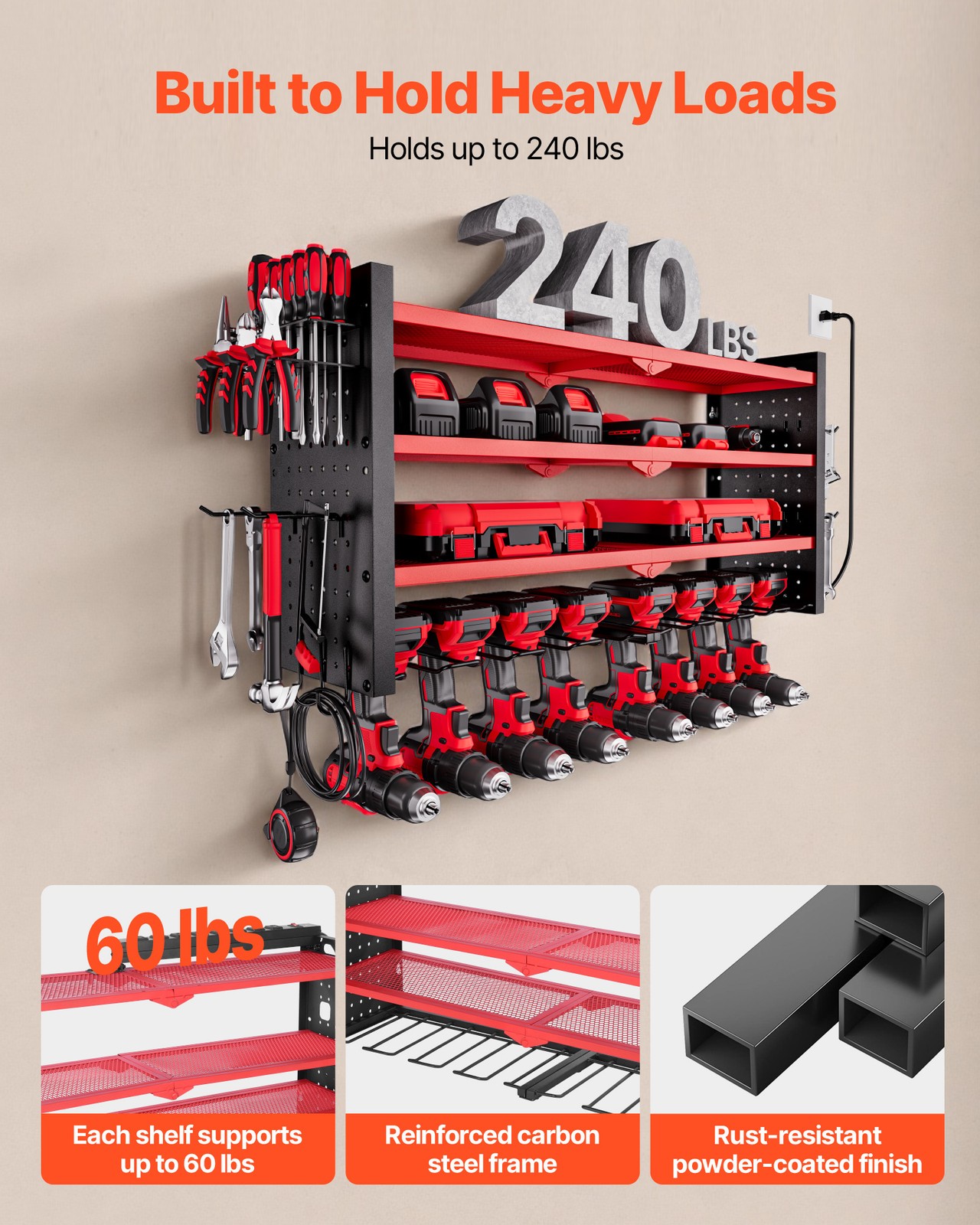 VEVOR Power Tool Organizer with Charging Station 4-Layer Drill Storage Rack