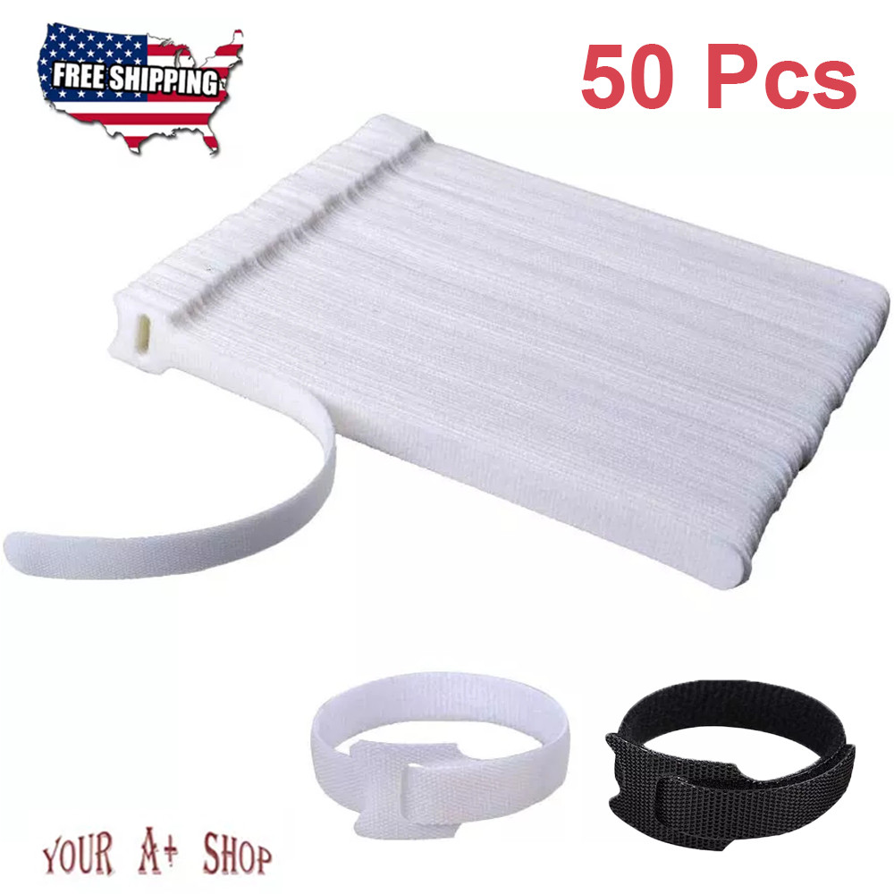 50Pcs Cable Straps Black Wire Cord Hook Loop Ties Reusable Fastening Organizer