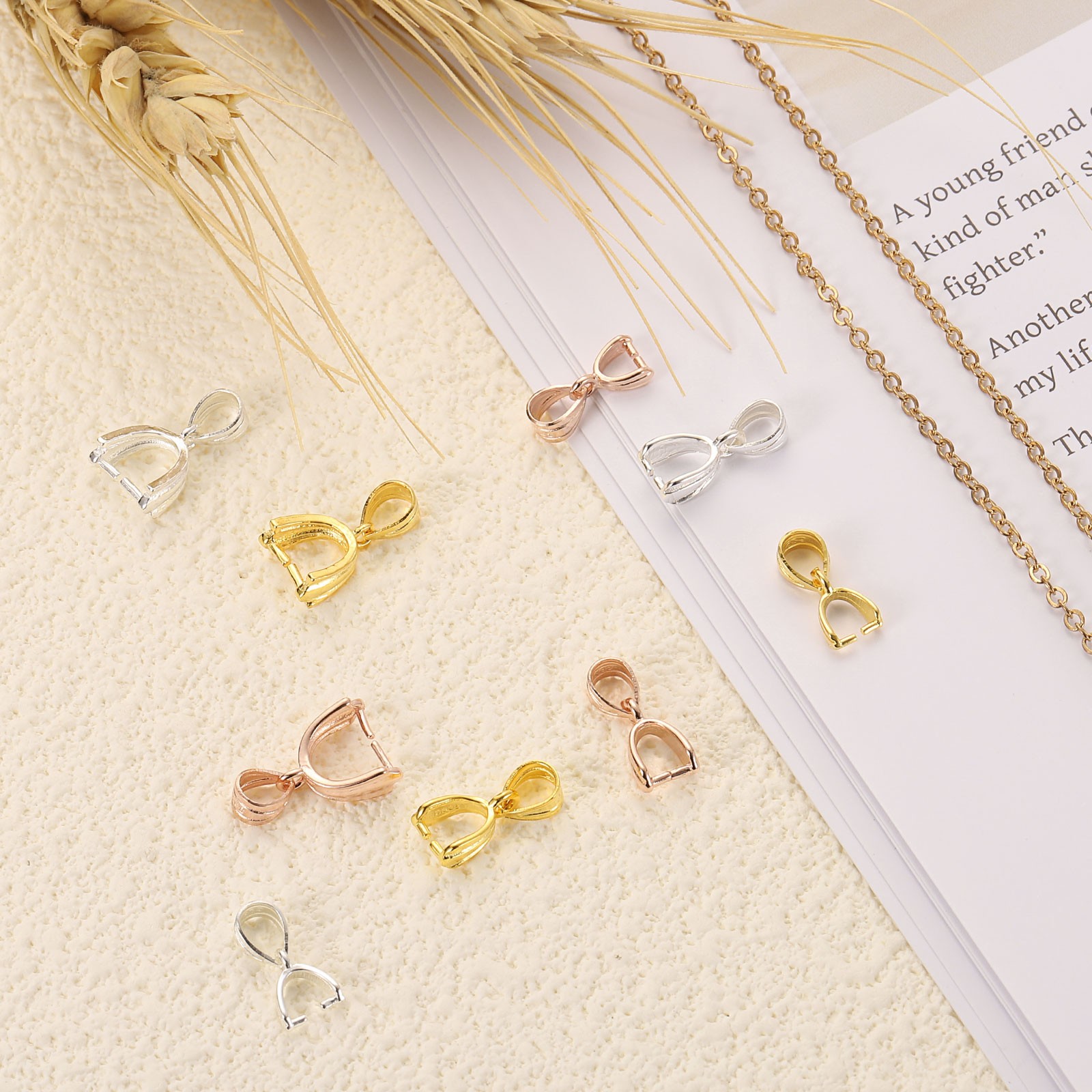 2Pcs 925 Sterling Silver Pinch Bail 11mm Bail Clasp Connector Gold