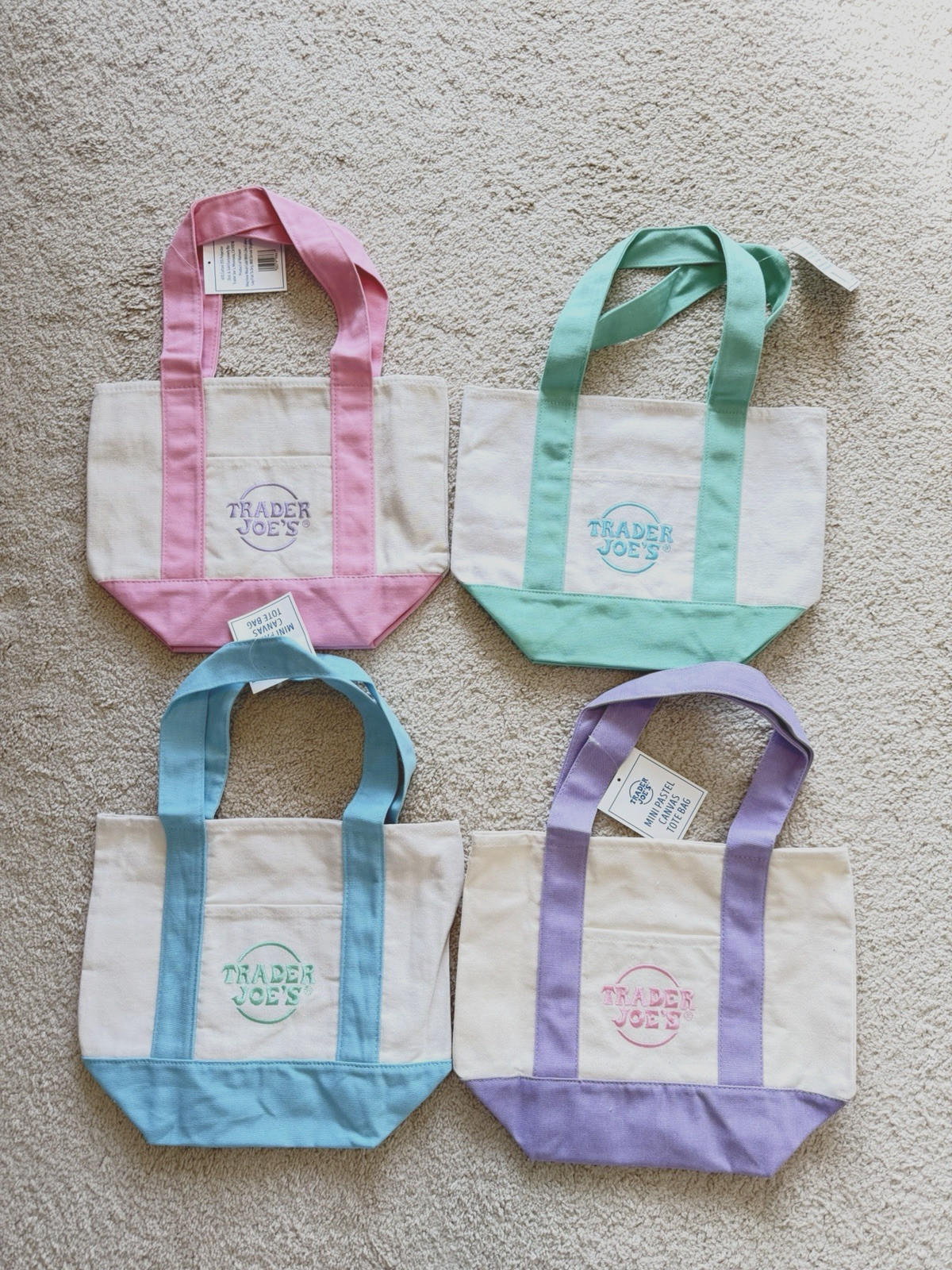 Trader Joe’s 2026 Spring Mini Pastel Canvas Tote Bags - Set Of 4 - READY TO SHIP