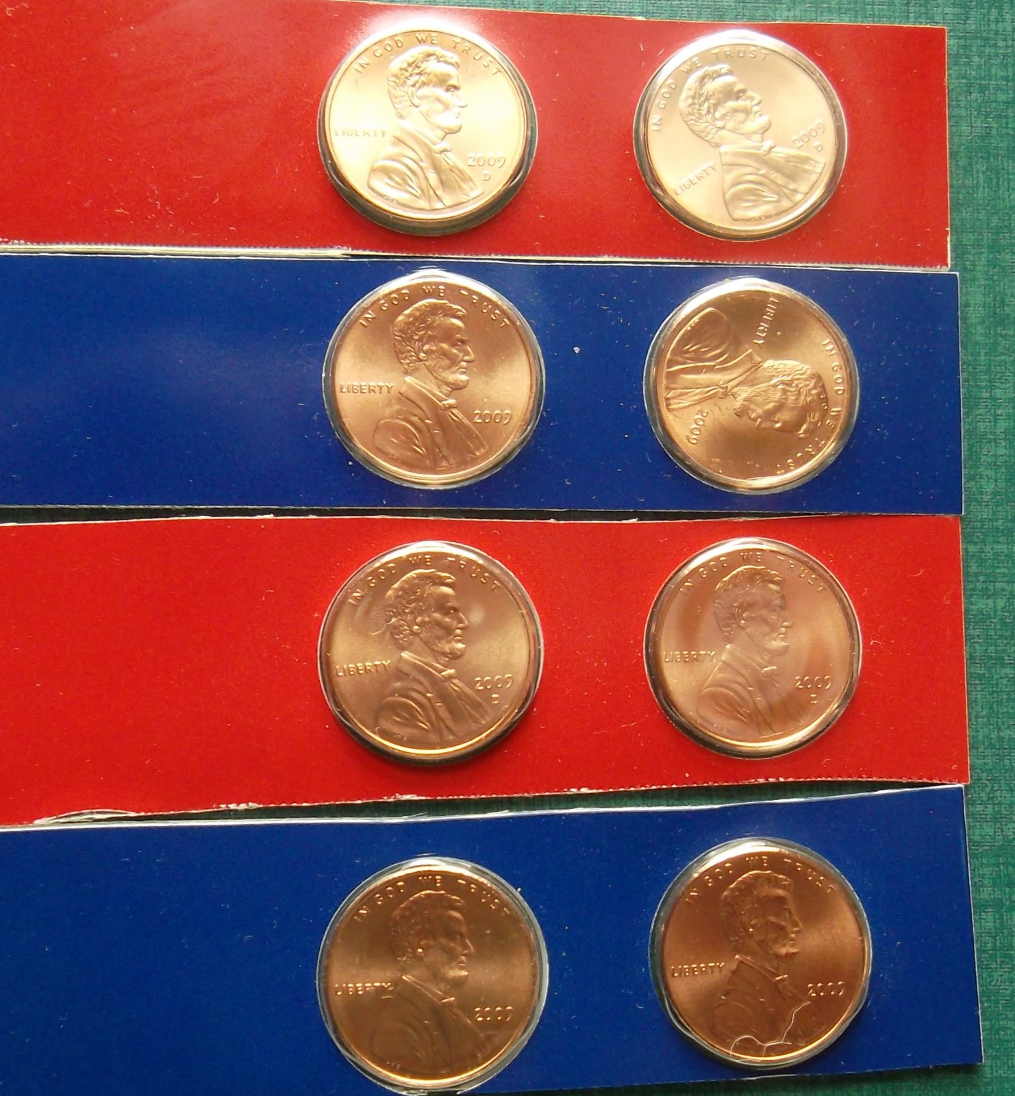2009-P&D satin finish Uncirculated Lincoln cents: 8-coin set in two Mint strips