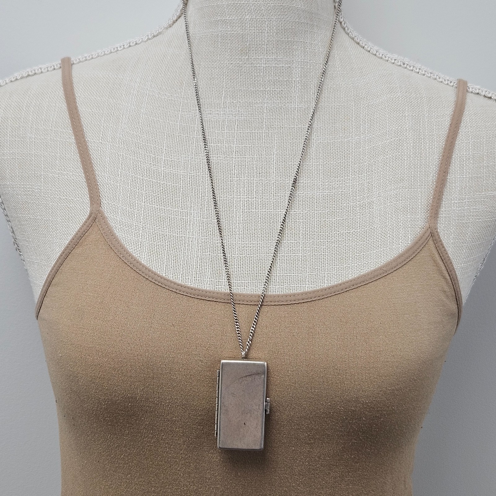 Vintage Sterling Silver Hinged Square Locket/Compact Pendant 26" Chain Necklace