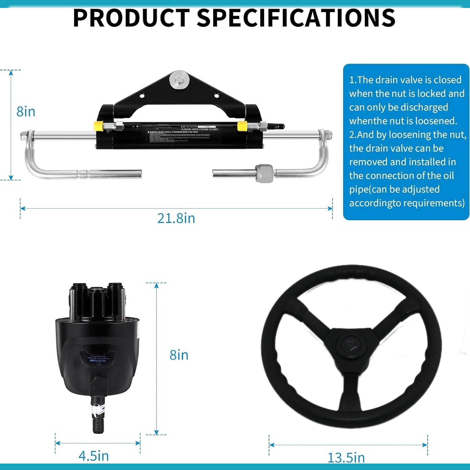 300 HP Hydraulic Outboard Steering Kit - Complete Single Engine System