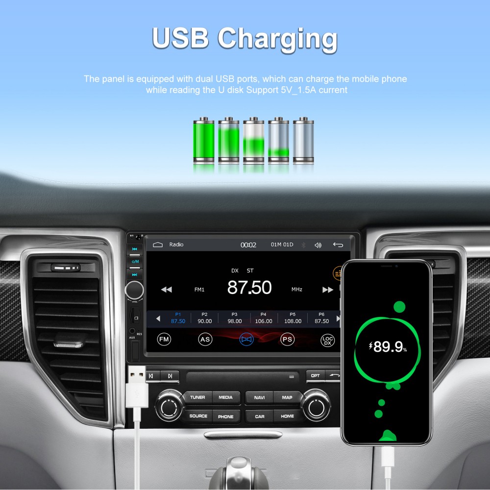 7'' Double 2 Din Car Radio Car Stereo Touch Screen Android Auto BT Apple CarPlay