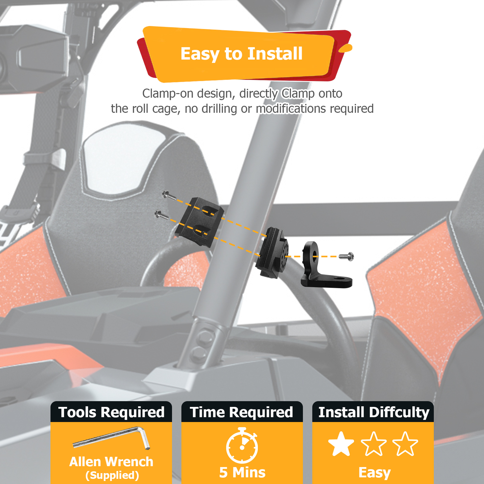 For Polaris Ranger General CF-MOTO UTV LED Whip Light Mount Clamp Pro-fit Cage