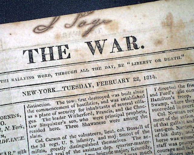 WAR OF 1812 Wins Battles of Emuckfaw & Enotachopo Creeks Indians 1814 Newspaper