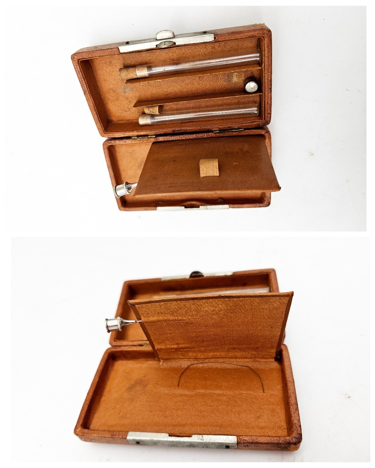 Antique Medical Surgical Glass Metal Syringe Hypodermic Leather Case Set Needle