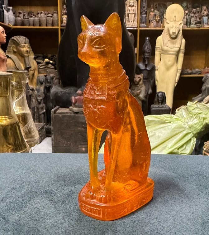 RARE ANCIENT EGYPTIAN ANTIQUITIES Statue Goddess Bastet Cat Made Amber Stone BC