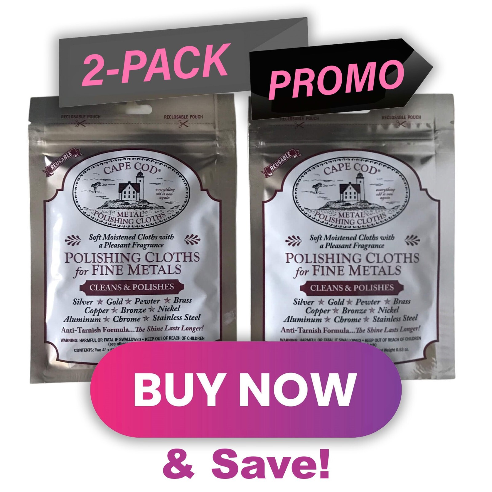 Cape Cod Polishing Cloths for Fine Metals, 2 Pack (4 clothes), Polish Watches