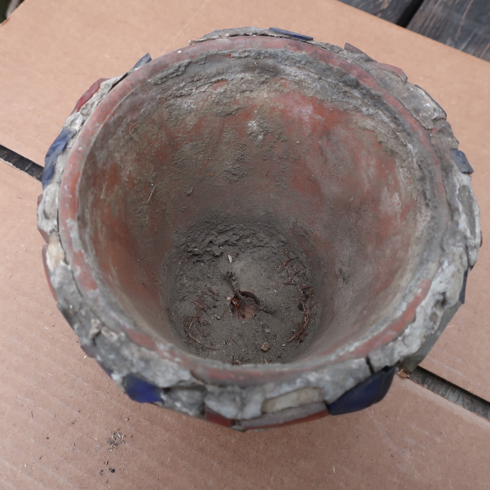 Old Antique Memory Jug Mosaic Glass Pieces over Flower Pot Crock Folk Art