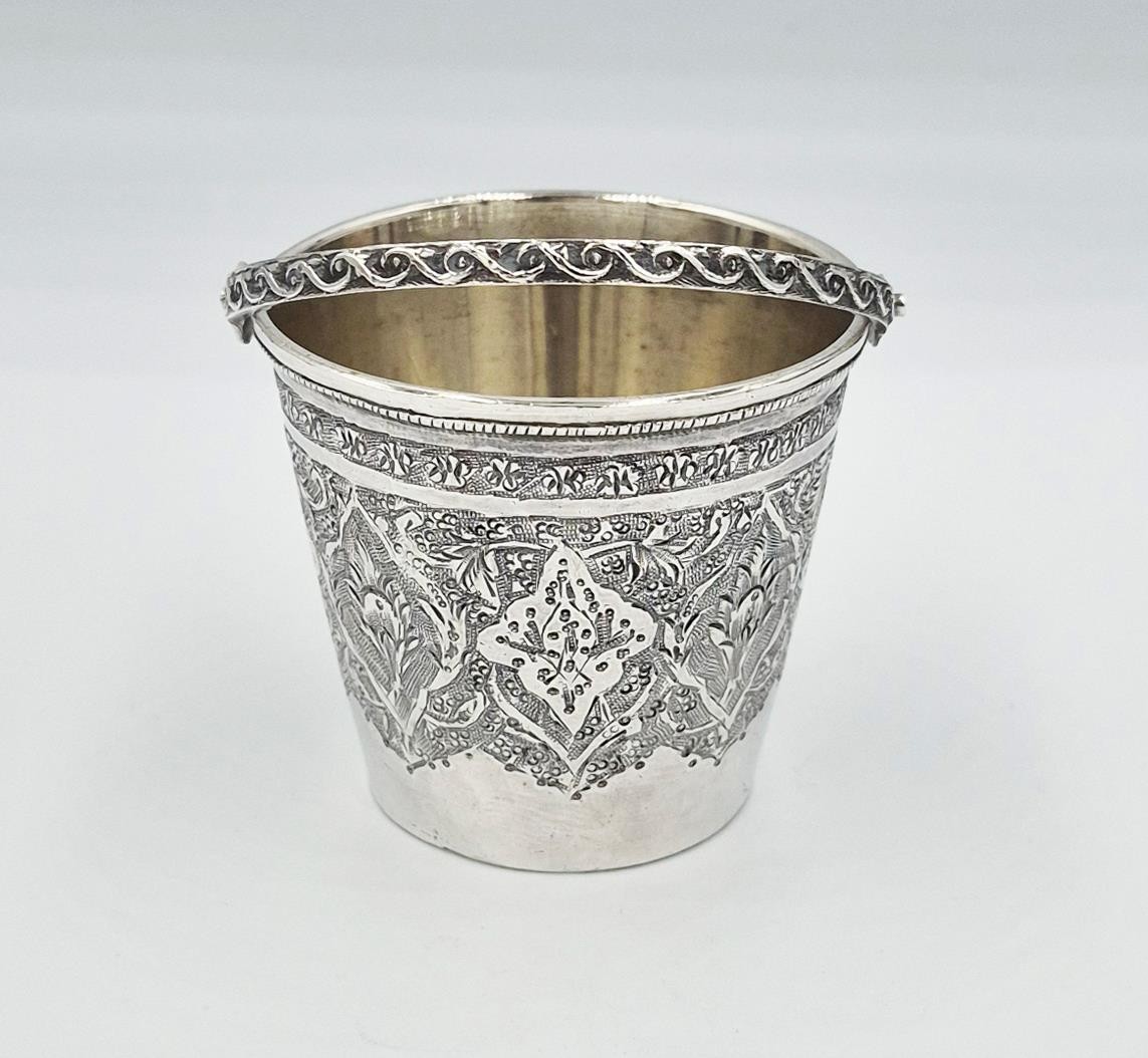 FINE ISLAMIC SOLID SILVER ENGRAVED BUCKET BOWL / CUP c1900