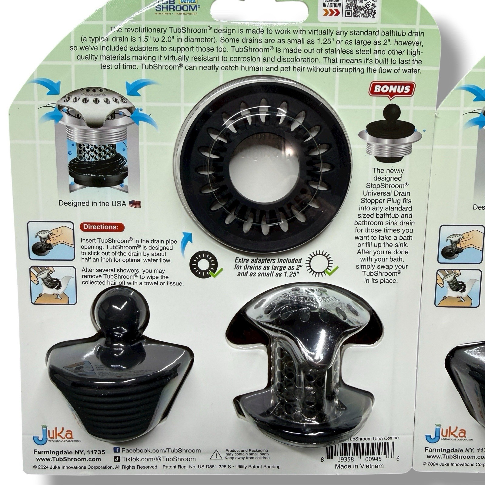 TubShroom Ultra Platinum Bathtub Hair Catcher Drain Strainer Stopper 2 Pack