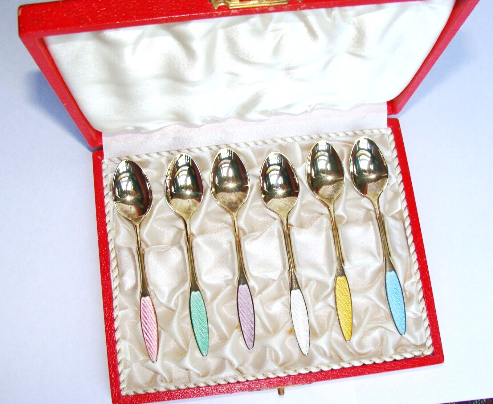 Frigast Denmark Box Set of 6 Sterling Silver Guilloche Enamel Demitasse Spoons