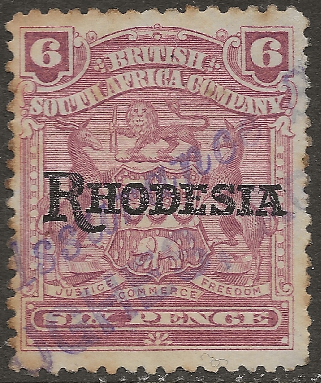 Rhodesia BSAC 1909 SG106a 6d No Spot Flaw Used CV £90