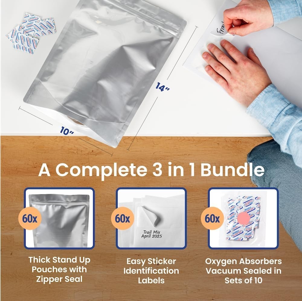 30ct 1-Gallon Mylar Bags 400cc Oxygen Absorbers 15Mil Thick Zipper | Silver