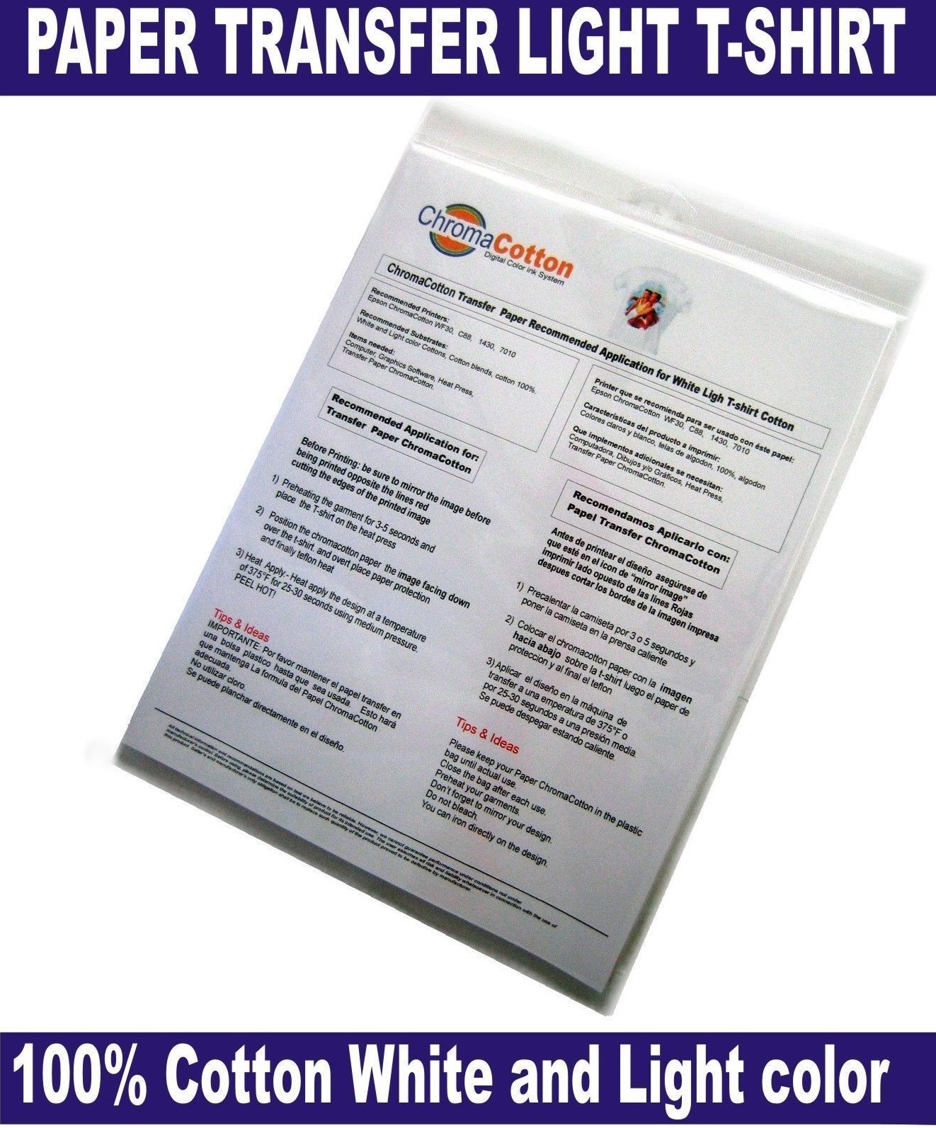 100 ChromaCotton Transfer Paper 8.5x11 for White Light T-shirt 100%Cotton .