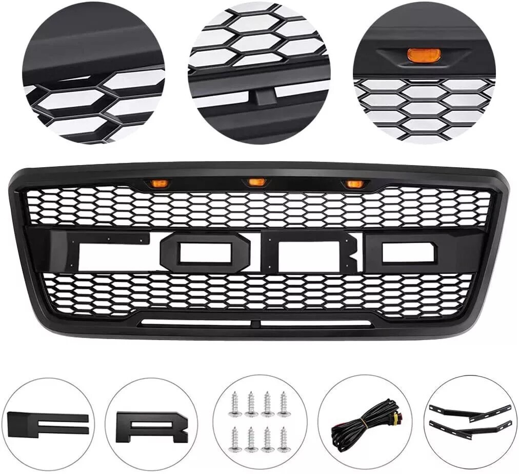 For 2004-2008 F150 F-150 Raptor Style Front Bumper Grille Grill Black w/Lights