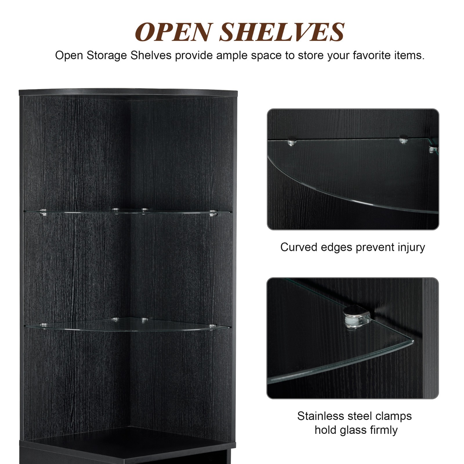 Corner Storage Cabinet with Door and Glass Shelves for Home Office Beauty Salon