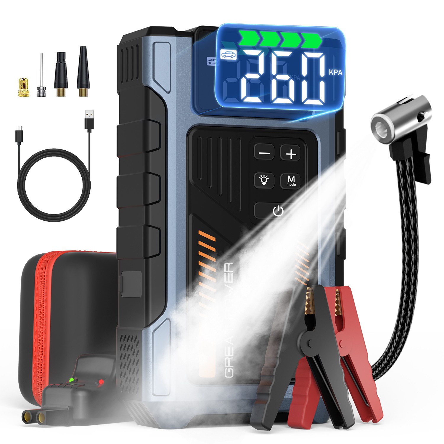 6000A Car Battery Charger Jump Starter with Air Compressor & Portable Power Bank