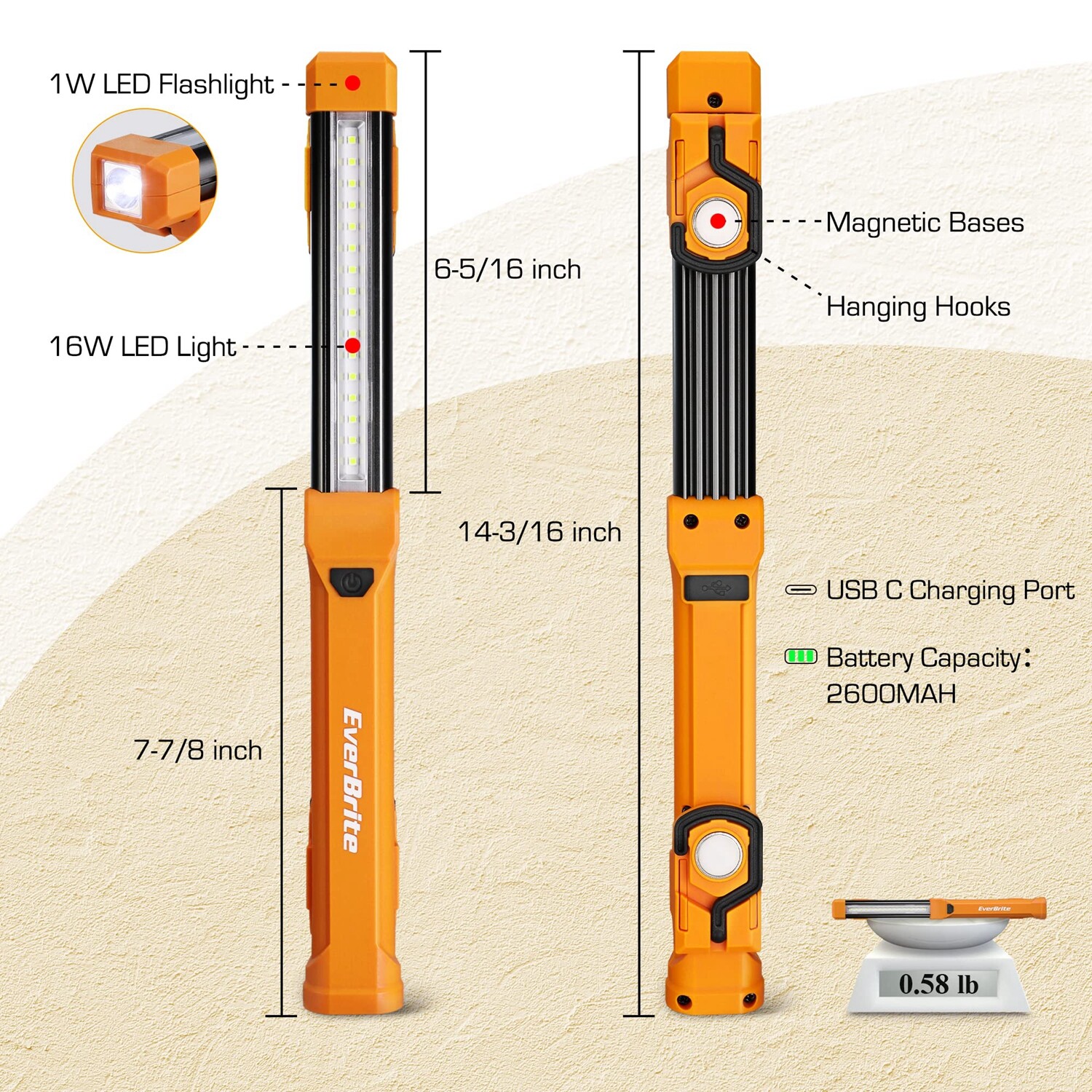 EverBrite 2-PACK 1000LM LED Work Light 4 Lighting Modes Rechargeable Work Light