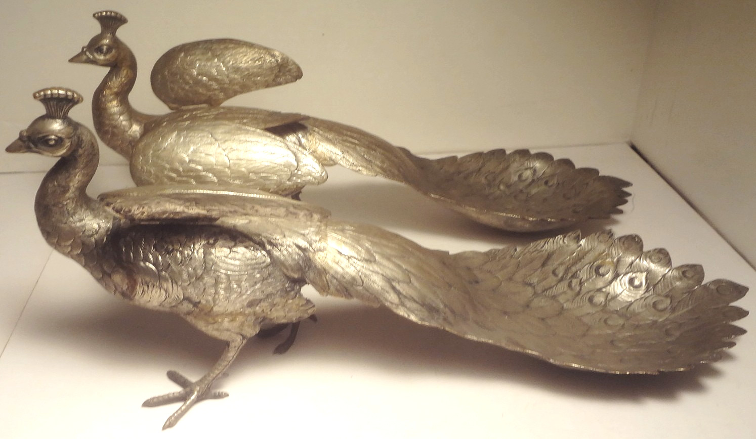 PR. ANTIQUE GERMAN SILVER full figure PEACOCK BON-BON serving TRAYS- HALLMARKED