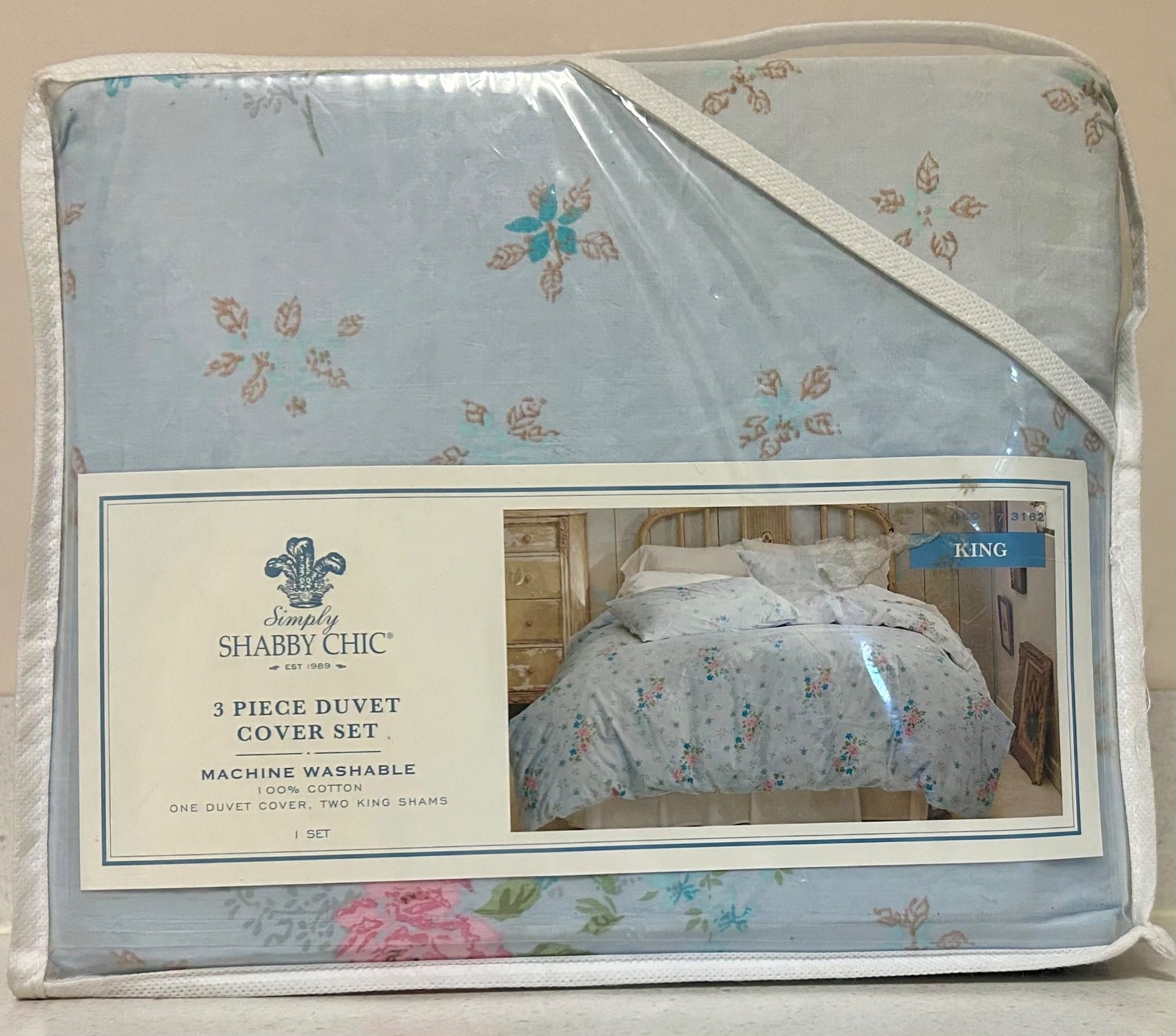 Simply Shabby Chic 100% Cotton Duvet Set- KING-New Lily Rose Blue Pink White