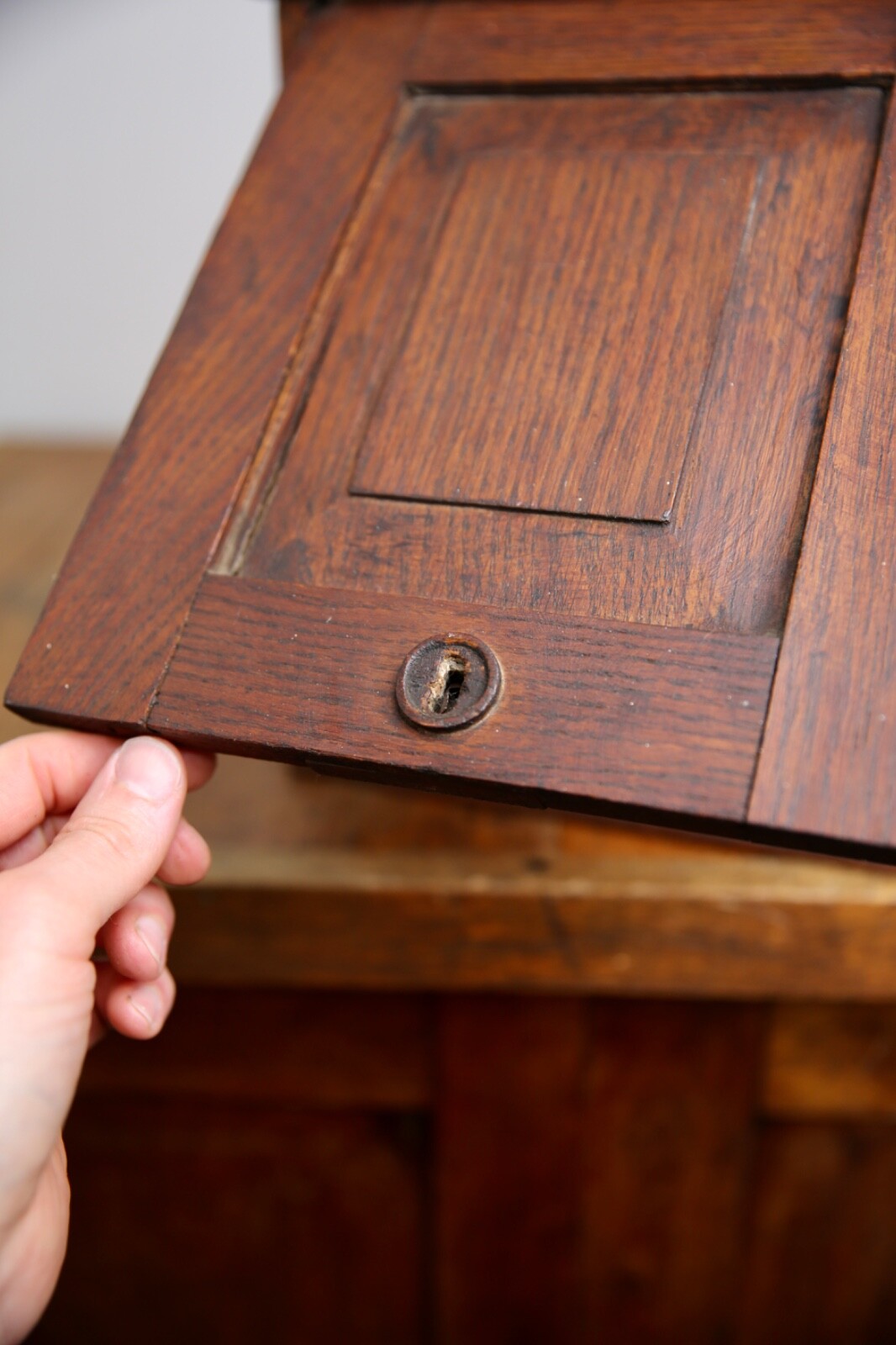 Vintage apothecary wood Cabinet antique counter flap door safe lock no key oak