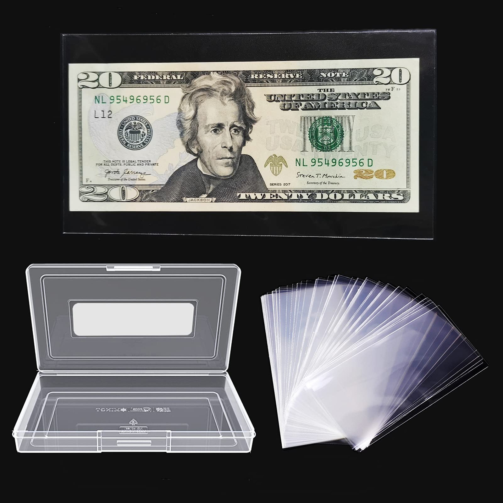 Dollar Bill Holder with Storage Case, MUDOR PP Material 100 Pieces Clear
