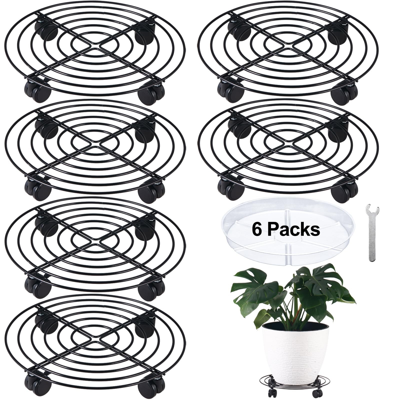 6 Packs 12 Inches Large Metal Plant Caddy with Wheels Rolling Plant Stands He...
