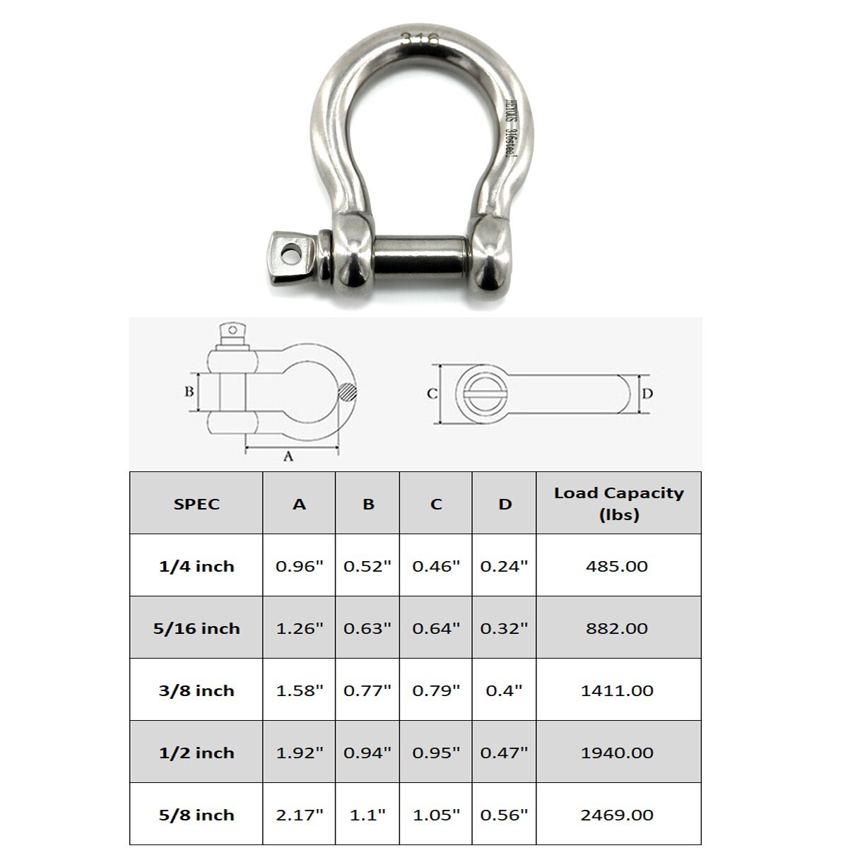 6 Pack 1/4" Stainless Steel D-Ring Shackle Heavy Duty Screw Pin Anchor Shackle