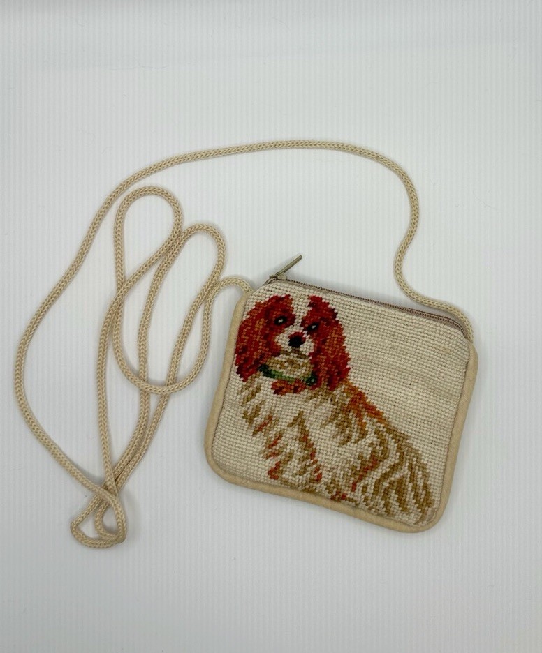 Vintage Needlepoint Cavalier King Charles Spaniel Crossbody Bag Purse