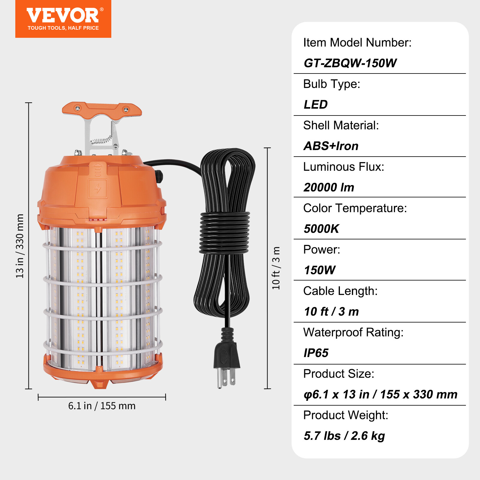 VEVOR 150W LED Temporary Construction Light 20000LM Work Jobsite Lighting, IP65