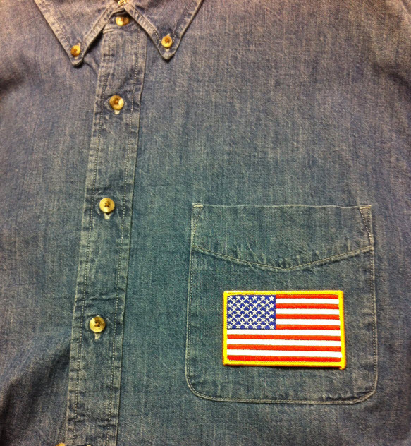 REVERSE USA AMERICAN FLAG EMBROIDERED PATCH IRON-ON SEW-ON GOLD BORDER(3½ x 2¼”)