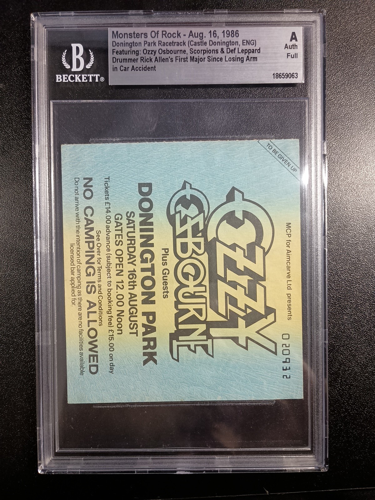 Ozzy Osbourne Monsters Of Rock Concert Ticket Donington Park 8/16/1986 Beckett