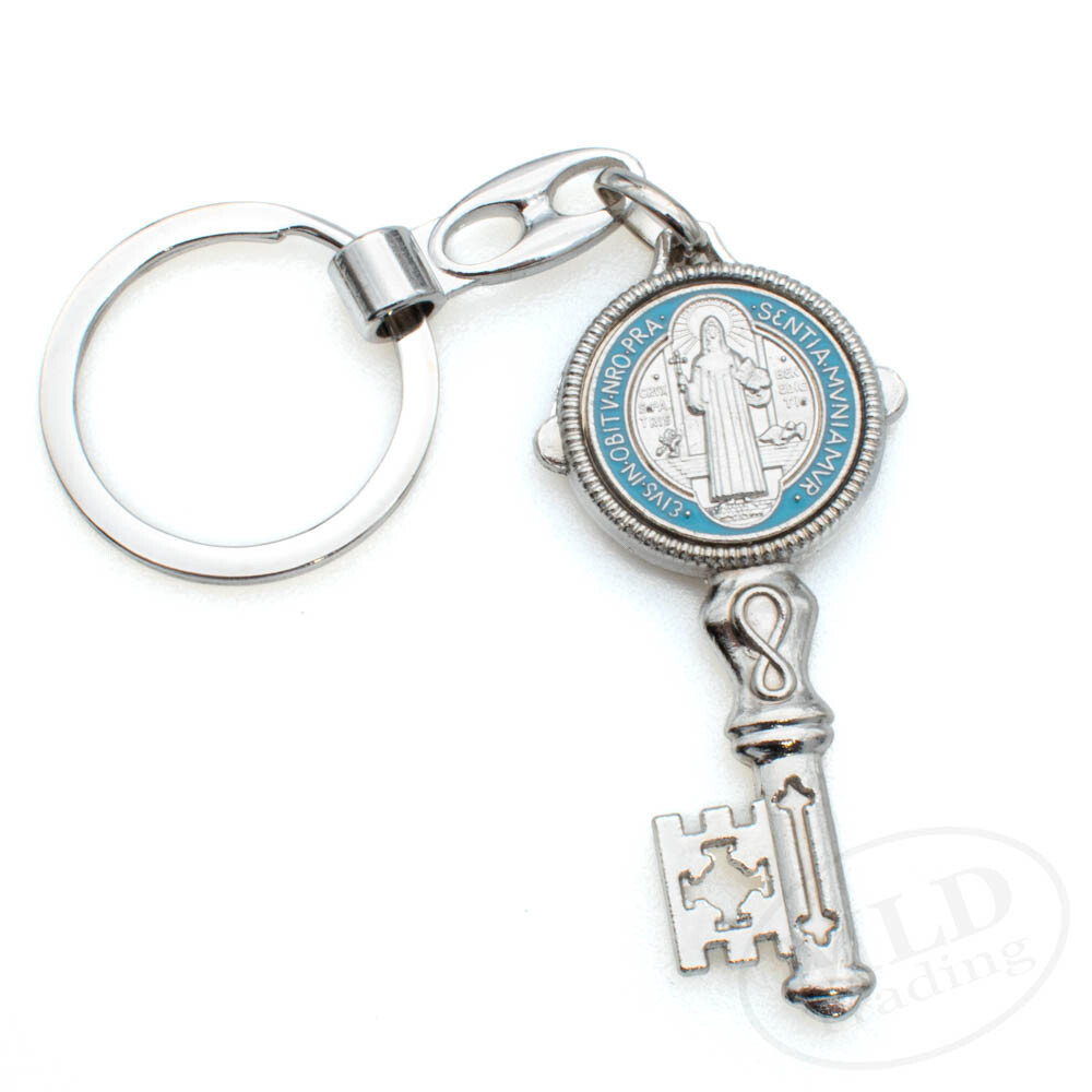 Saint St Benedict Key Shaped Medal Pendant Key Chain Silver & Blue - Religious