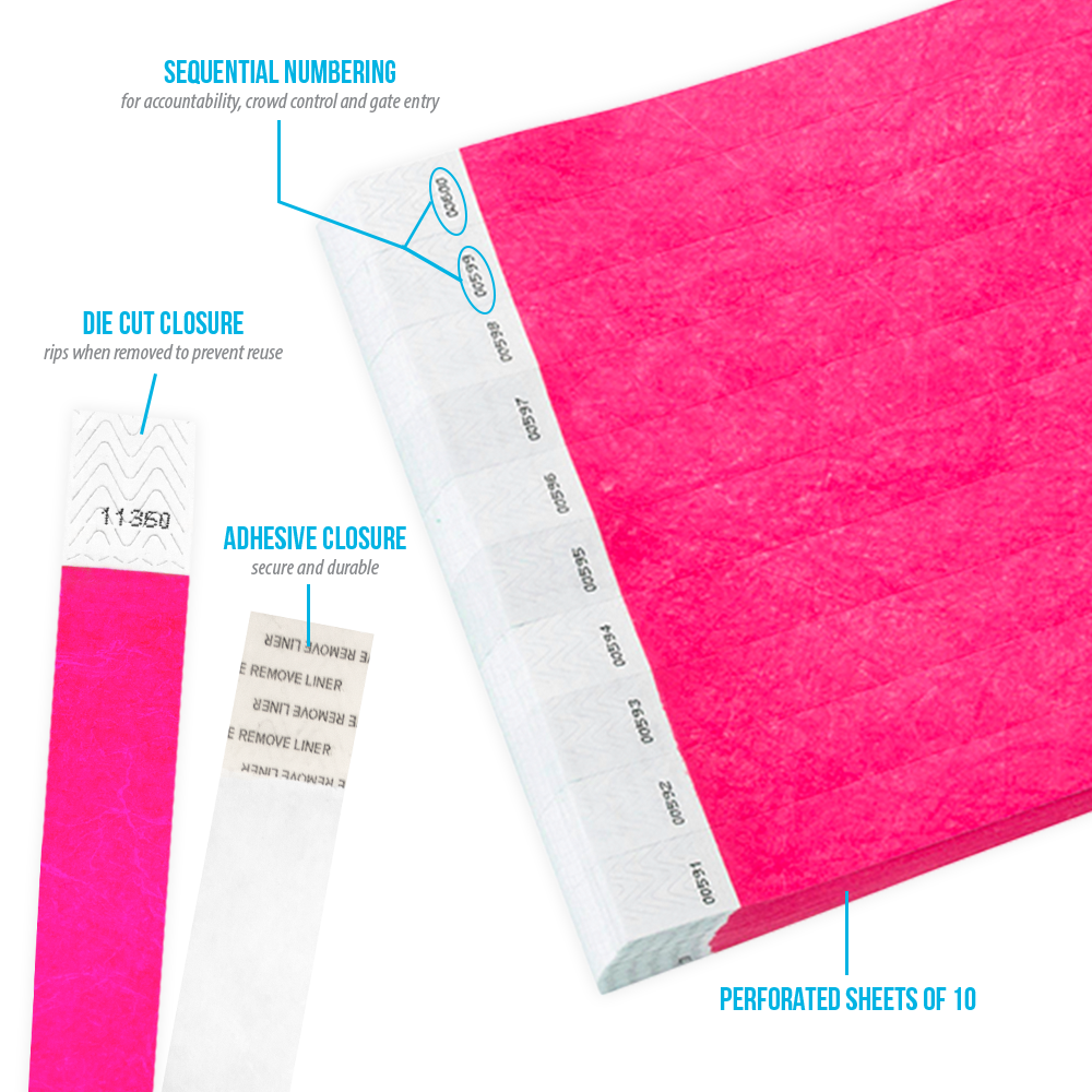 100 Count Wristbands for Events, Neon Pink Tyvek Material, Security Bracelets
