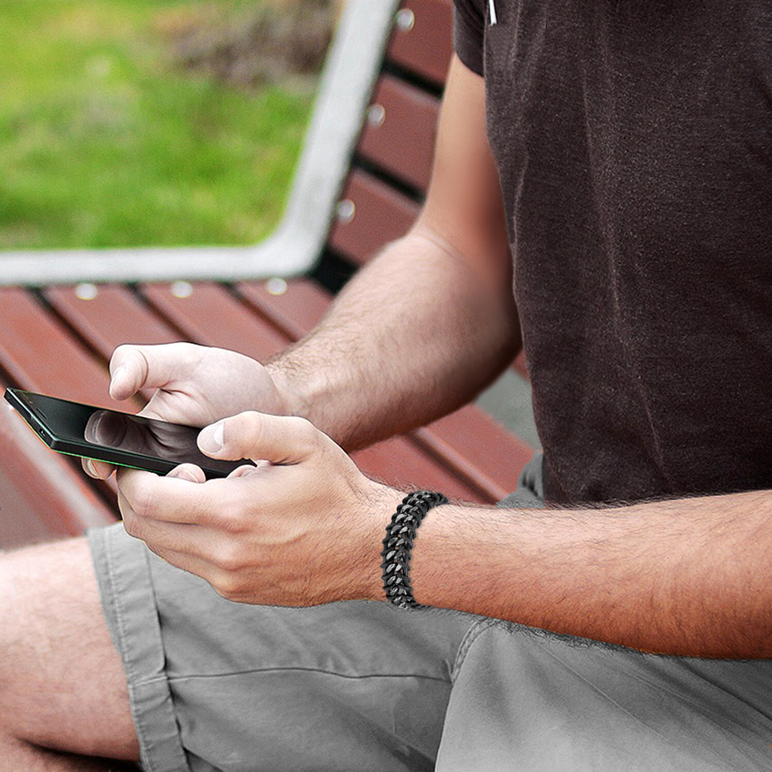 Black Braided Leather Silver Stainless Steel Cuban Chain Men's Bracelet Bangle