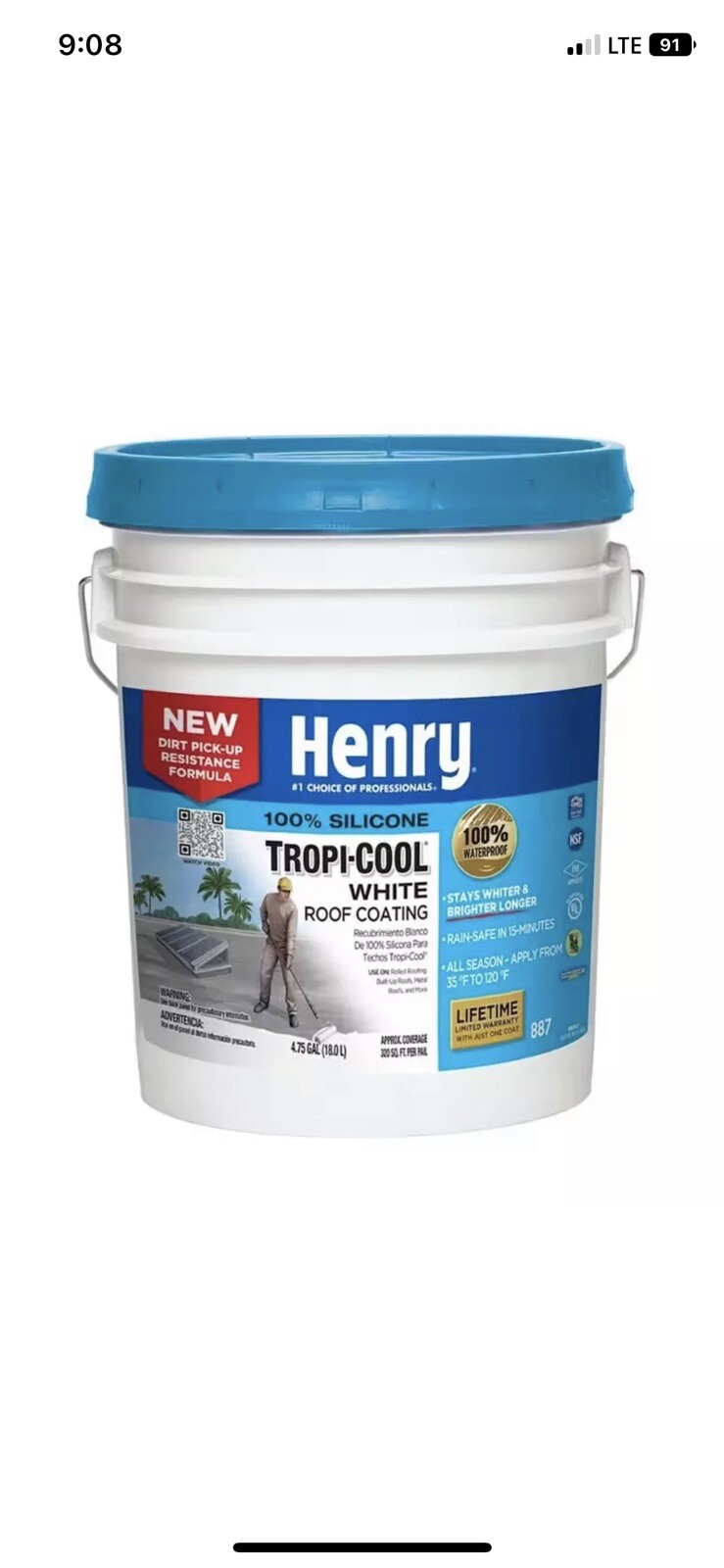 HENRY White Roof Coating 4.75Gal Tropi-Cool 100% Silicone Superior UV Resistance