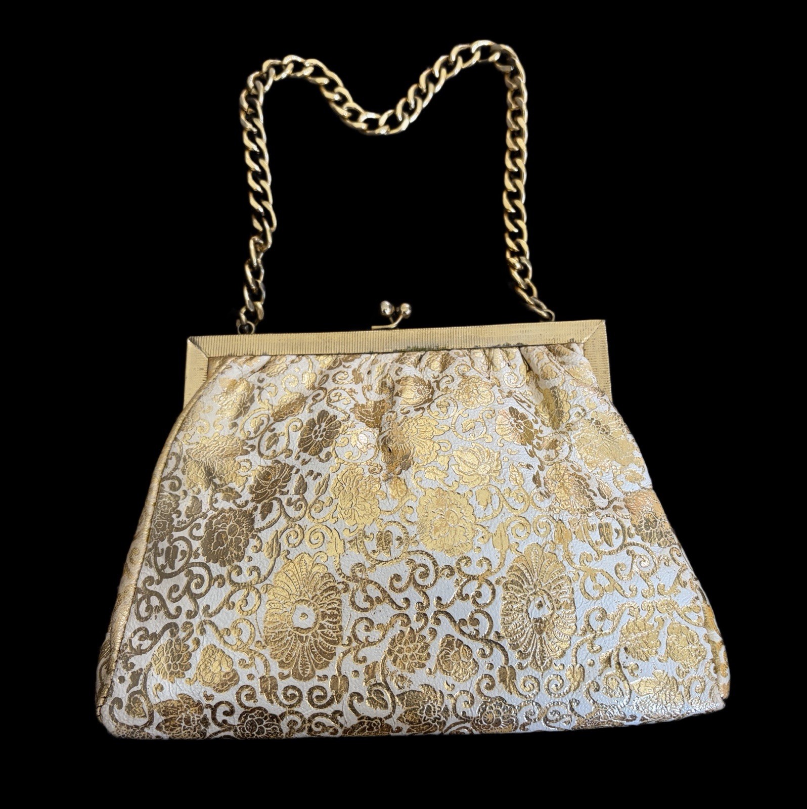 VTG Italian Leather Brocade Purse W/Purple Cab Kiss Lock Clasp~Wedding Glam~1950