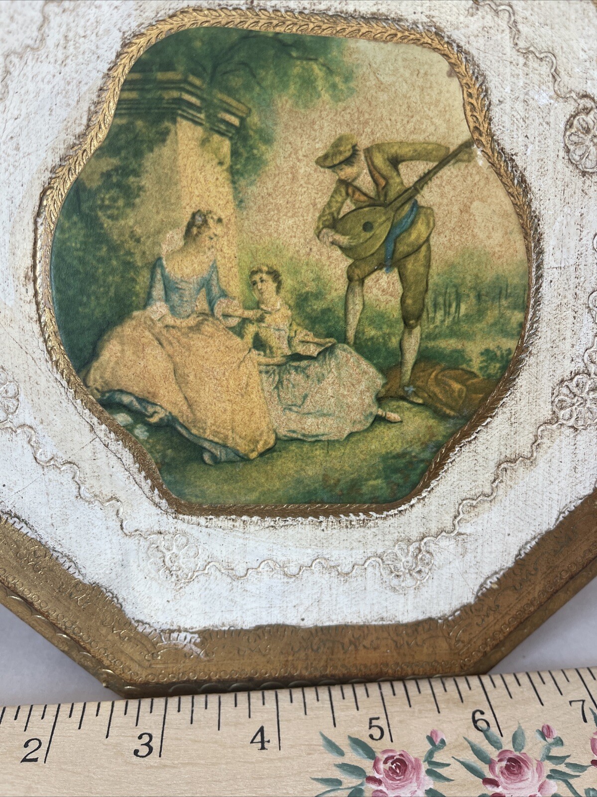 Antiqued Florentine Plaque Wood Artisan Gold Gilt Italy Romantic Octagon 8”