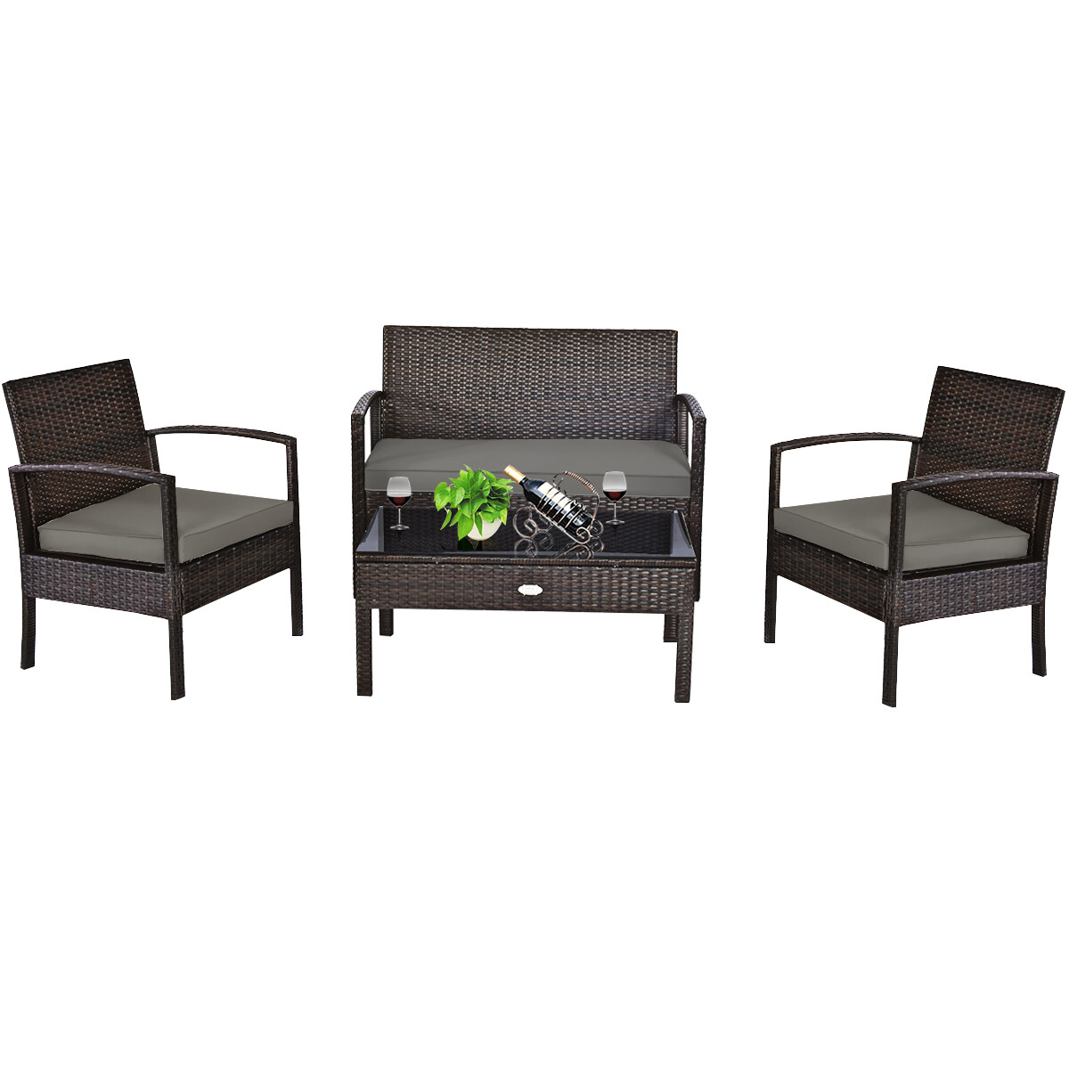 Costway 4PCS Outdoor Patio Rattan Furniture Set Cushioned Sofa Coffee Table Deck