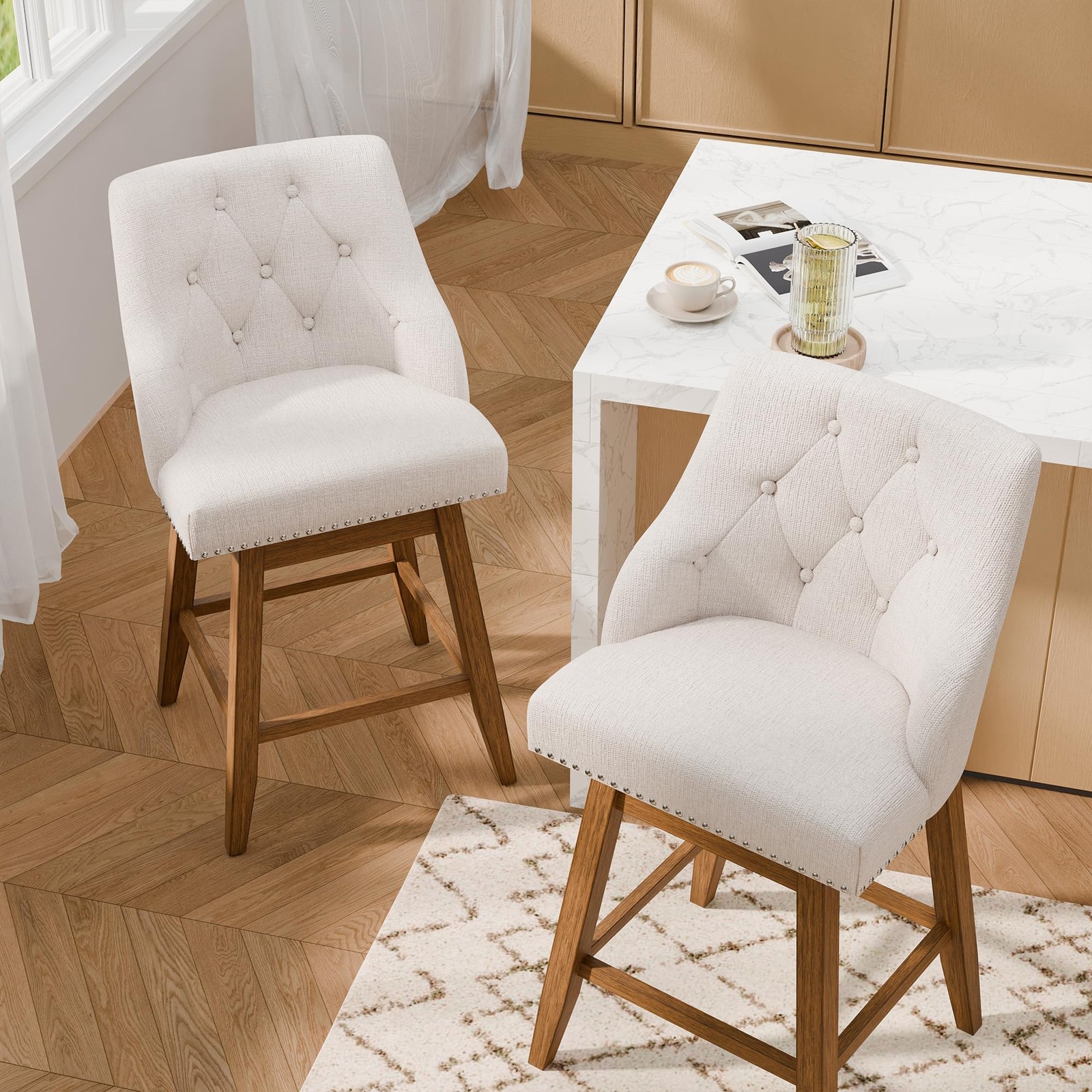 Swivel Bar Stools Set of 2 Upholstered Barstools with with Tufted Backs