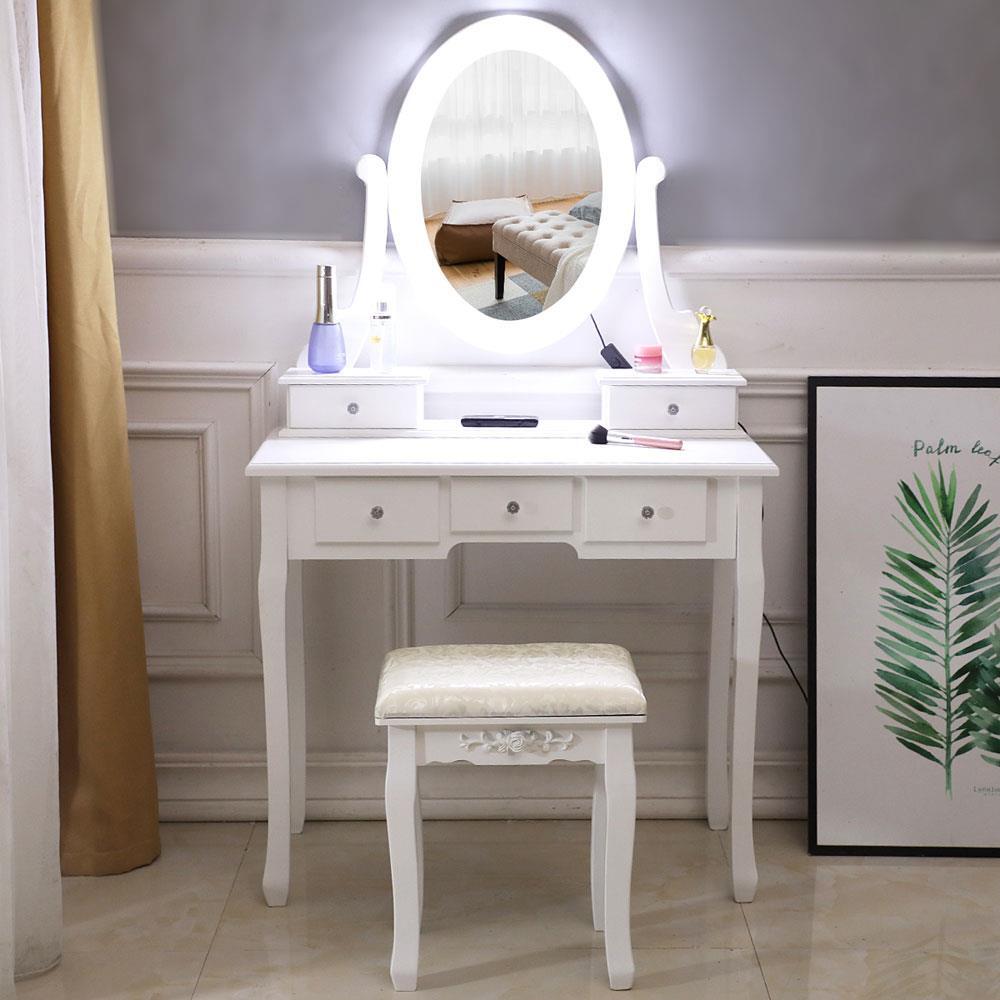 10 LED Lighted Mirror Vanity Table Set Makeup Dressing Desk 5 Drawers Wood