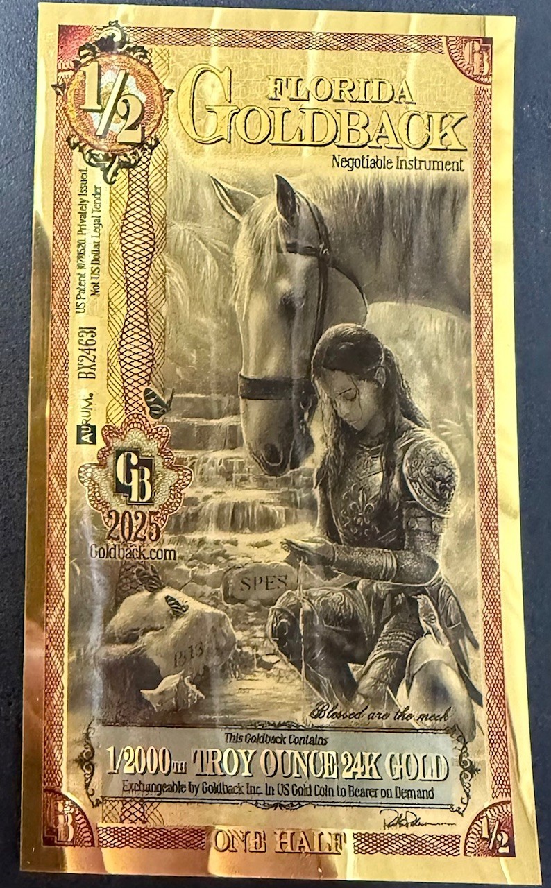 Florida 1/2 Goldbacks 2025 Gold Note 1/2000th Troy Oz 24K Goldback