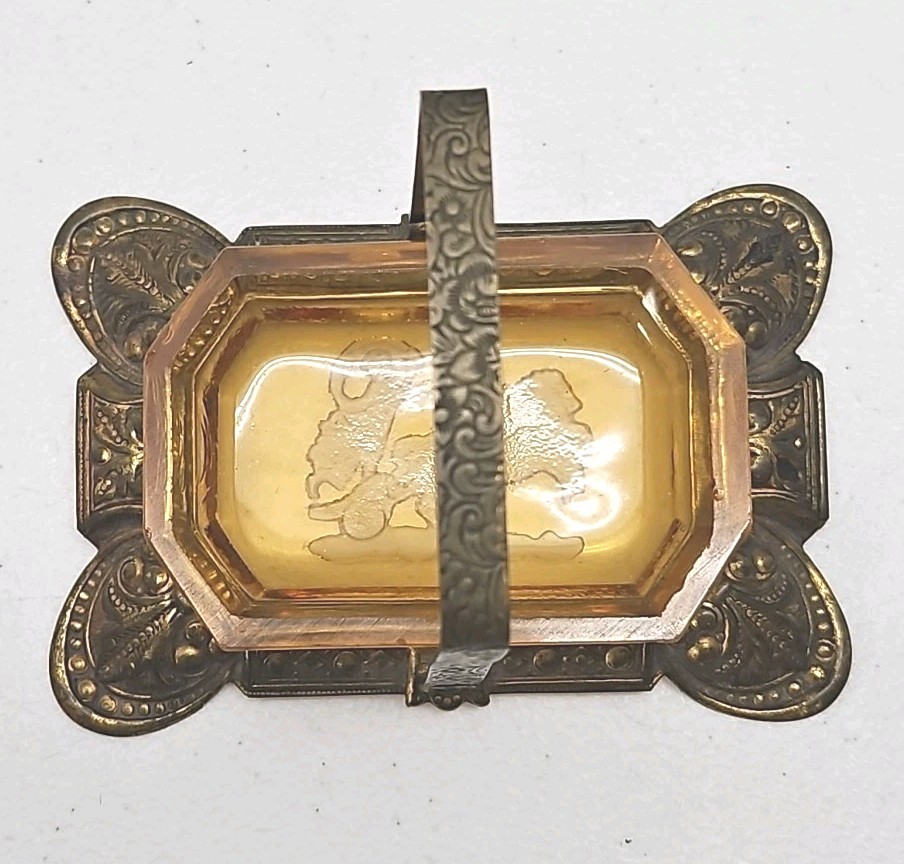 Antique Czech Amber Glass Salt Cellar Intaglio Design Ornate Brass Holder RARE