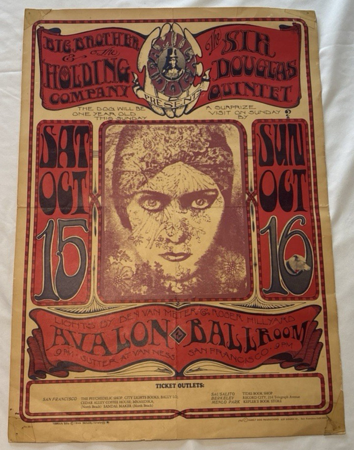 BIG BROTHER & HOLDING COMPANY POSTER + SIR DOUGLAS QUINTET AVALON PRINTED 1967